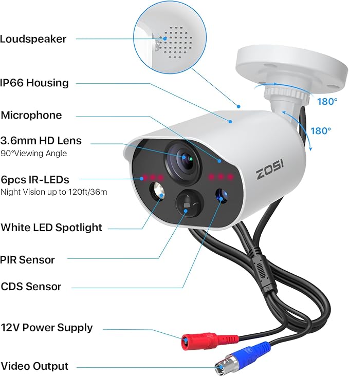 ZOSI 1080P HD-TVI Add On Camera, 2MP 1920TVL Indoor Outdoor Surveillance Home Security Camera with Audio, Night Vision, Smart Motion Detection, IP66 Weatherproof, Only Work 3K Lite CCTV DVR