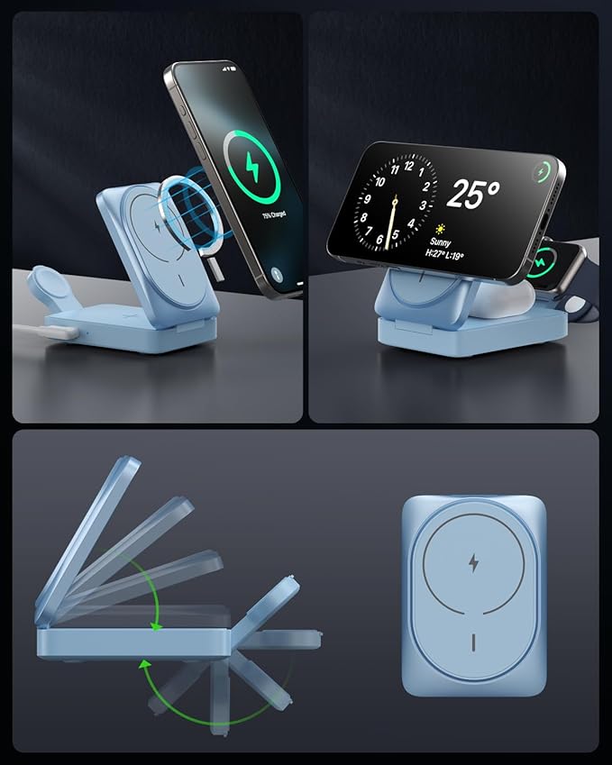 3-in-1 Wireless Charger Charging Station for iPhone, Qi2 Certified 15W Fast Charging Foldable Magnetic Charger Stand with 30W USB C Adapter for MagSafe iPhone 16/15/14/13/12, Apple Watch, AirPods