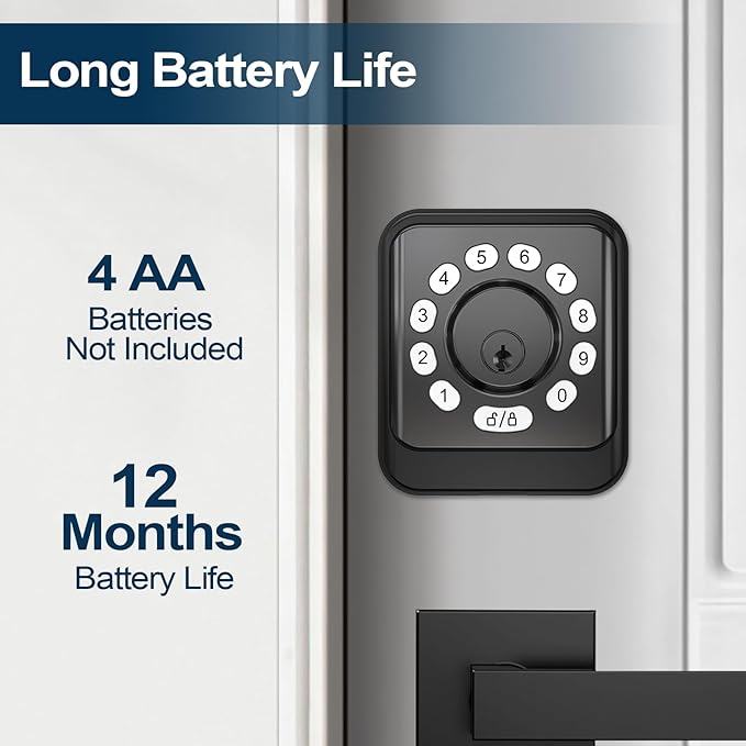 GEONFINO Keyless Entry Door Lock with Keypad, Smart Deadbolt for Front Door, Black Door Lock with 2 Keys, Keypad Deadbolt with Easy Installation