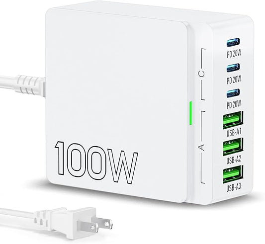 USB C Charger Block Charging Station: 100W 6 Port GaN Fast Charging Brick Hub Cube Box - PD 3.0 Type C & USB A Wall Charger Power Adapter for All iPhone 17 iPad Samsung Android Pixel Series