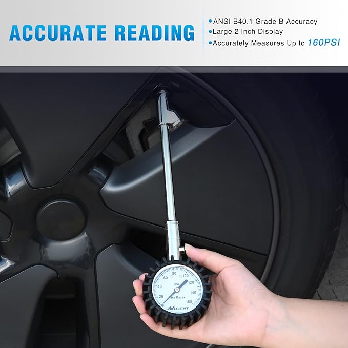 Nilight Tire Pressure Gauge 160PSI Heavy Duty Stainless Steel Dual Head Air Pressure Chucks ANSI B40.1 Certified Large 2" Dial Wheel Checker for Truck Semi Truck ATV Motorhome Cars & RV Accessories