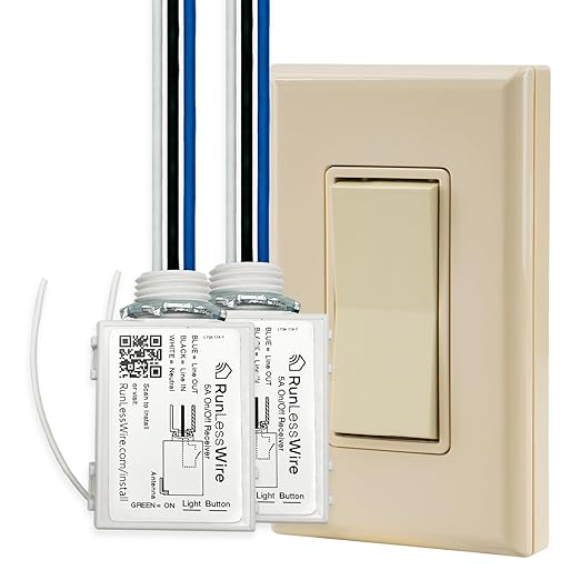 RunLessWire 2 Fixture Battery-Free DIY Kinetic Wireless Light Switch Kit 150ft RF Range for Different Fixtures or Outlets: 1 Remote Switch Controls 2 5A On/Off Receivers Simultaneously – Light Almond