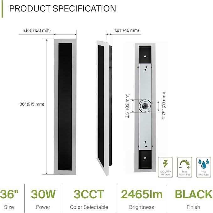 ASD LED 36" Long Wall Mount Light Fixture, Outdoor & Indoor Linear Sconce | 3CCT, Dimmable, Waterproof, Anti-Rust, ETL Listed | 30W 2350LM 3000-5000K 100-277V | Exterior Porch Lighting | Black