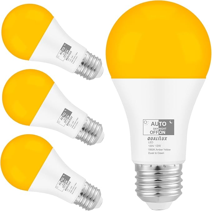 Dusk to Dawn Bug Light Bulbs Outdoor, 1900K Amber Yellow, 800 Lumen, LED 12W, A19 E26, 4-Pack, HQ-H020