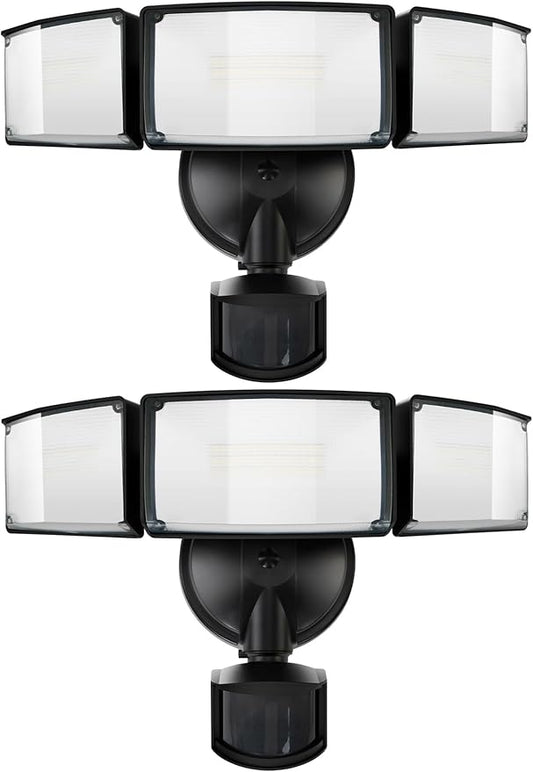 UME 2 Pack 5500LM LED Security Lights Motion Sensor Light Outdoor, 49W, 5000K Daylight, IP65 Waterproof, Dusk to Dawn, 3 Head Motion Detected Flood Light for Garage, Yard, Porch (Black)