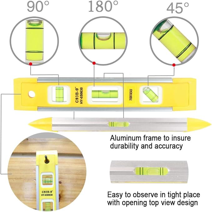 DOWELL 9 Inch Magnetic Box Level Torpedo Level(3PCS),3 Different Bubbles/45°/90°/180°Measuring Shock Resistant Torpedo Level