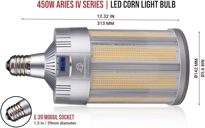 RuggedGrade Aries IV 360W LED Corn Bulb | 58,000 Lumens | 277-480V | Color Selectable 3000K/4000K/5000K | E39 Mogul Base | DLC 5.1 Premium