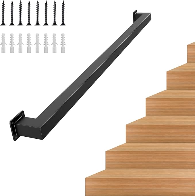 4.5FT Stair Handrail, Wall-Mounted Square Staircase Handrail, Stair Railing for Indoor & Outdoor Steps, Non-Slip Metal Steel Grab Bar for Stairs, Loft, Porch