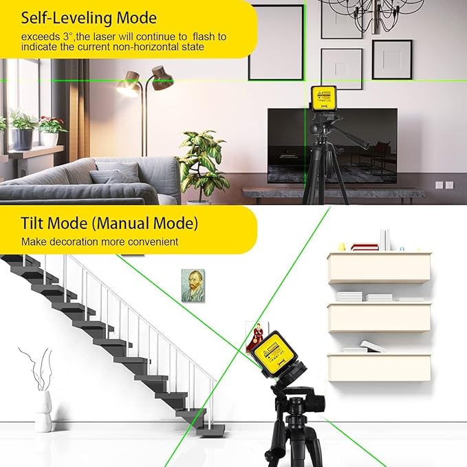 Laser level with Tripod Self Leveling, Cross Line Laser with Tilt Mode, 59 inch Tripod for Picture Hanging Construction Floor Tile Wall, 3 AAA Batteries Included