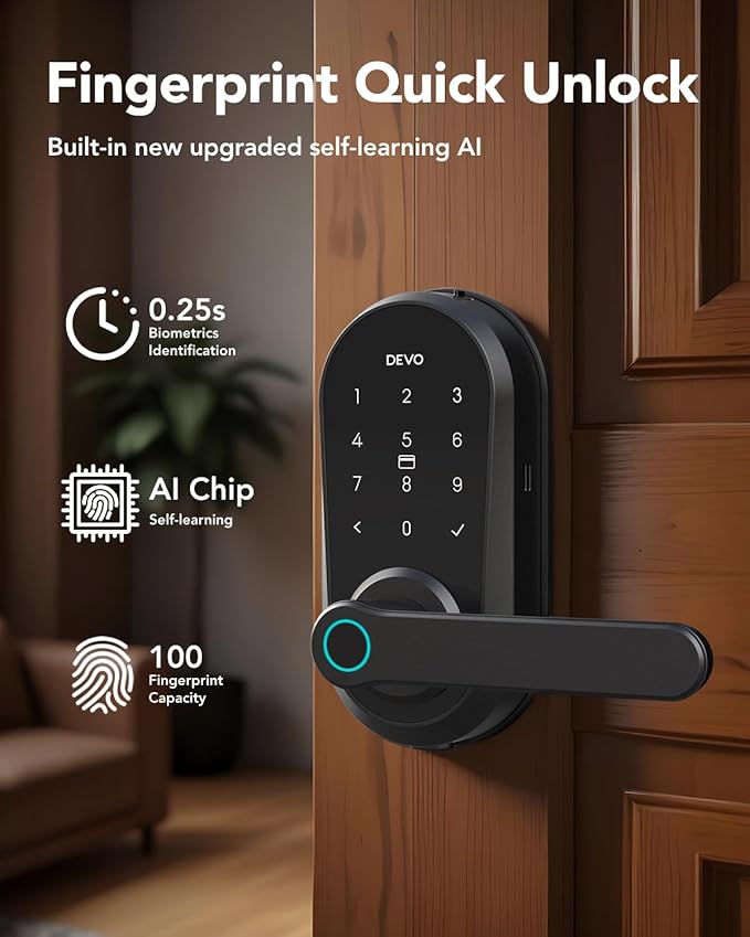 Devo G7 Smart Door Lock with Handle, Keyless Entry Door Lock, Touchscreen Keypad Deadbolt, Fingerprint Door Knob, Built-in-Wi-Fi, APP Remote Control, Auto Lock, Easy Installation