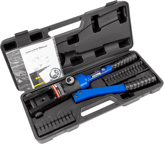 AMZCNC blue 16 Ton Hydraulic Wire Crimper Battery Cable Lug Terminal Crimping Tool WIth Standard US cable Dies,Crimps 6 AWG to 600 MCM, Cable Crimping Tool with 13 Pairs of Standard US cable Dies