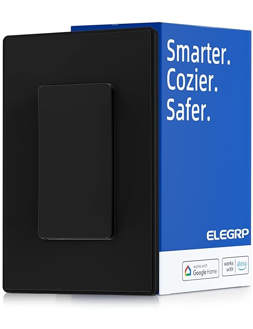 ELEGRP Smart Light Switch, 2.4GHz Wi-Fi Light Switch Compatible with Alexa & Google Assistant, Neutral Wire Required, APP Control and Timer Schedule, UL Certified, Single Pole/3 Way, Black, 1 Pack