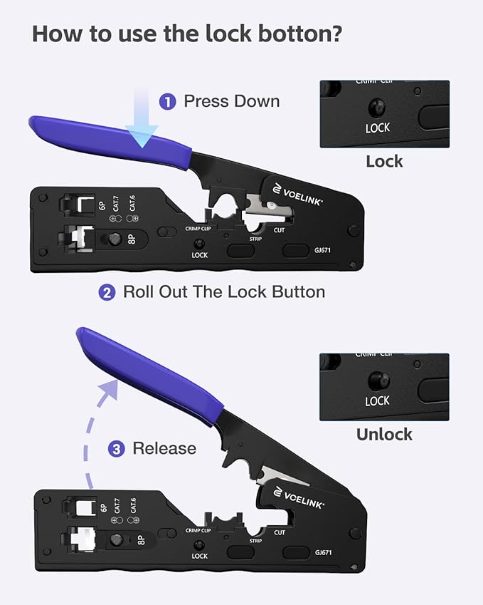 VCELINK RJ45 Crimp Tool, All-In-One Ethernet Pass Through Crimper for CAT7 CAT6A CAT6 CAT5e CAT5 Ethernet Connectors by Screw Adjustment, RJ45 and RJ11/RJ12 Crimping Tool with Mini Stripper