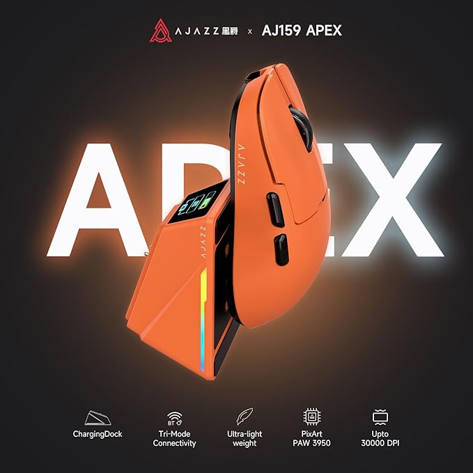 DAIDAI AJAZZ AJ159 APEX Wireless Gaming Mouse 2.4G Wired BT|RGB Magnetic Screen Charging Dock|Lightweight|42K Optical Tracking|400mAh Battery |PAW3950APEX Sensor.