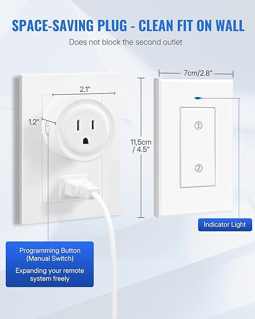 Remote Control Outlet Wireless Light Switch, Expandable and Removable Remote Outlet Switch Kit for Lamps, Fan, Home Appliance, 100ft RF Range, FCC Listed (1 Controller + 2 Outlets) W05RC1206