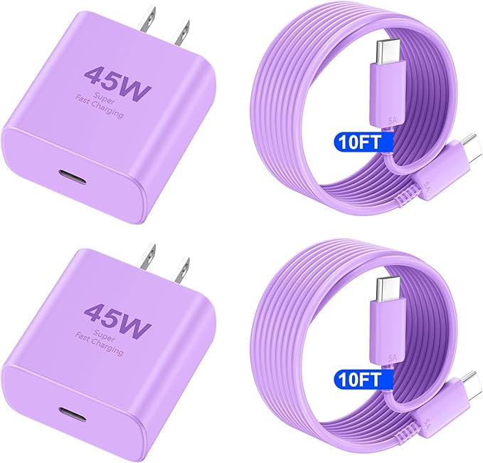 Phone 16 Pro Max Charger Fast Charging, 45W USB C Phone 16 Super Fast Charger Block with 10ft Long Type C Charging Cable Cord for Phone 16/16 Pro/16 ProMax/16 Plus, 15/15 Pro Max/Pro/Plus,2pack purple