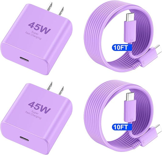 Phone 16 Pro Max Charger Fast Charging, 45W USB C Phone 16 Super Fast Charger Block with 10ft Long Type C Charging Cable Cord for Phone 16/16 Pro/16 ProMax/16 Plus, 15/15 Pro Max/Pro/Plus,2pack purple