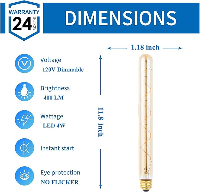 T300/T10 Long Tubular Light Bulb,40 Watt Equivalent E26 Base Amber Vintage Edison Bulb 4W Dimmable Tubular Antique Style Decorative LED Filament Light Bulb, 2700K Warm White,11.8 Inch, 2 Pack