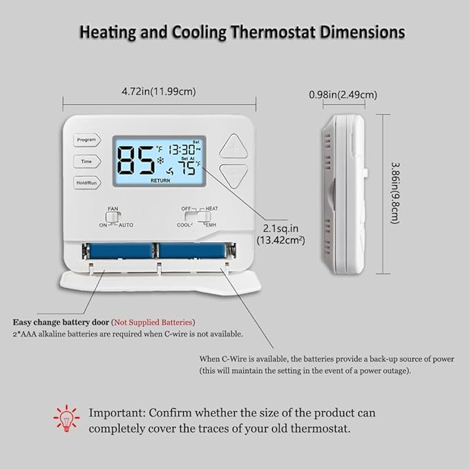 Thermostat for Heat Pump,Programmable Thermostat for Home,Single-Stage Systems,2 Heat/1 Cool Heat Pump Or 1 Heat/1 Cool,Easy DIY Install,White Backlight