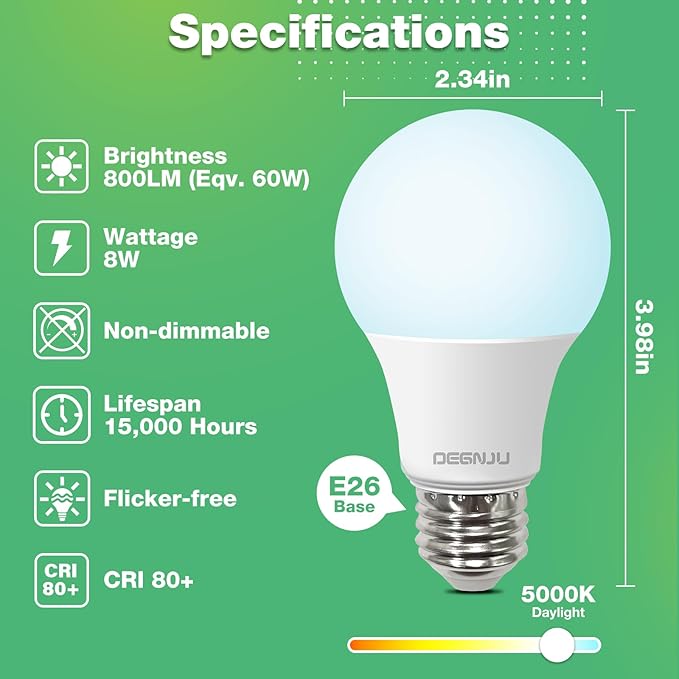 60 Pack LED Light Bulbs 60 Watt Equivalent, A19 5000K Daylight, 800 Lumens, E26 Base, Non-Dimmable, 8 Watt Energy Efficient LED Bulbs for Home Lighting