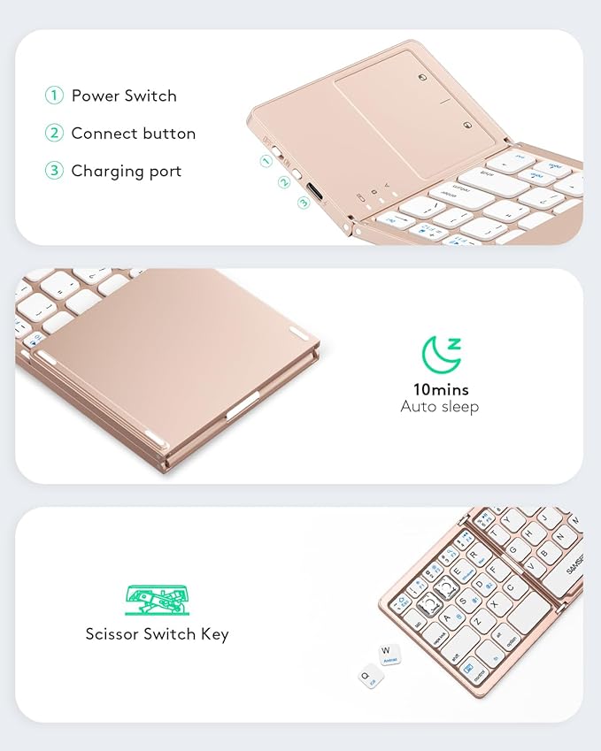 Samsers Multi-Device Foldable Bluetooth Keyboard with Touchpad, Rechargeable Dual-Mode(2.4G+BTx2) Wireless Keyboard with Holder, Portable Folding Keyboards for Android Windows iOS Mac OS - Pink