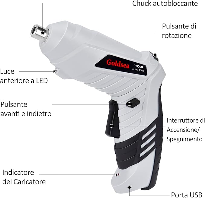 Electric Screwdriver Cordless, Goldsea Powered Screwdriver Set with 10 Magnetic Bits tool kit for college students,Portable Rechargeable Screw driver Tool Set for Dorm Home DIY(4.2v, 3.5n.m, White)