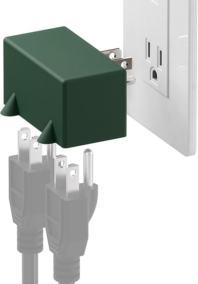 NEMA 5-15P to Dual 5-15R Adapter, Plugrand 90 Degree Downward Angled NEMA 5-15P Male to Female Adapter, Angled USA Power Adapter, 3 Prong Direction Changer Space Save Plug Green PA-0508G