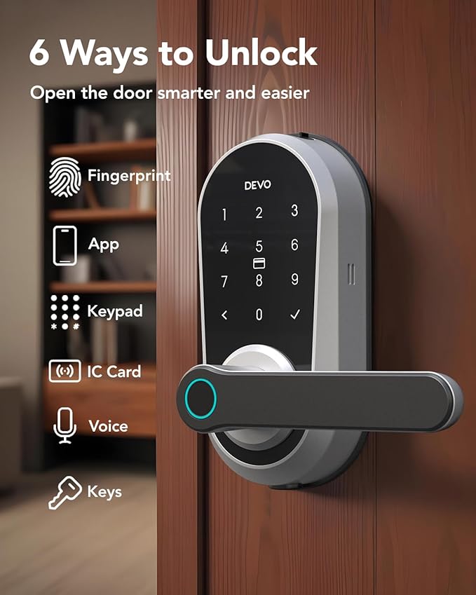 Devo G7 Smart Door Lock with Handle, Keyless Entry Door Lock, Touchscreen Keypad Deadbolt, Fingerprint Door Knob, Built-in-Wi-Fi, APP Remote Control, Auto Lock, Easy Installation