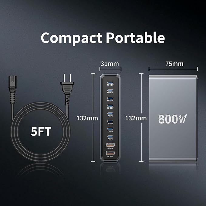 800W GaN3 10-Port USB-C Charging Station - Fast Charger for Laptops, Tablets, Smartphones, and More (Black)