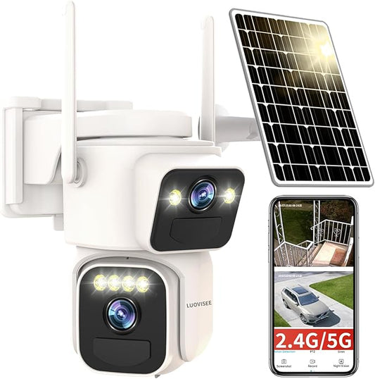 Solar Security Cameras Outdoor Wireless,2.4G/5G WiFi Cameras for Home Security, Dual Lens PTZ Motion Zone,2-Way Audio,Night Vision,Weatherproof,SD/Cloud Storage