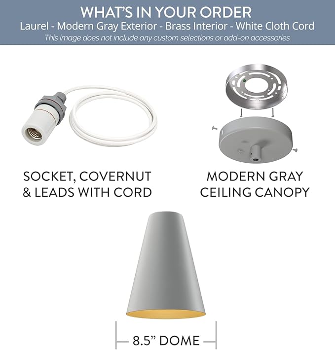 Steel Lighting Co. Laurel Pendant Light | Ceiling Mounted | 8.5 inch Cone Shade | Modern Contemporary Farmhouse Style Made in America | White Cloth Cord | Modern Gray Exterior/Brass Interior