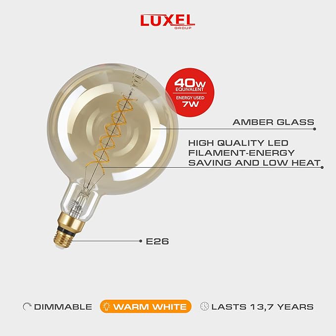 Oversized Edison LED Light Huge Bulb Vintage G63(G200) 7W Equivalent 40W - Dimmable 2200K Warm Amber Glow - 400 Lumens E26 Base - Large Filament Decorative Bulbs - 360° Beam (Golden Glass)