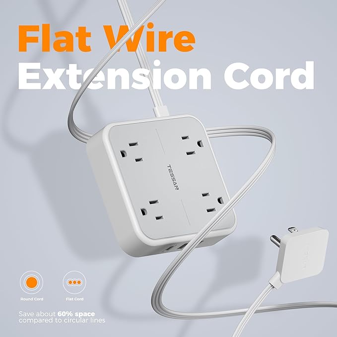 Surge Protector Flat Extension Cord 15Ft, TESSAN Flat Plug Power Strip with 4 Outlets 3 USB Ports (1 USB C), 900 Joules Protection, Multiple Wall Outlet Extender Suitable for Home Office Dorm, Grey
