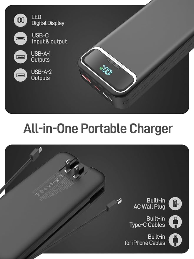 Portable Charger Power Bank with Built in Cables and AC Wall Plug,PD20W&SCP22.5W USB-C Super Fast Charging,20000mAh Travel Phone Charging,LED Display Battery Pack Compatible All iPhone Samsung etc
