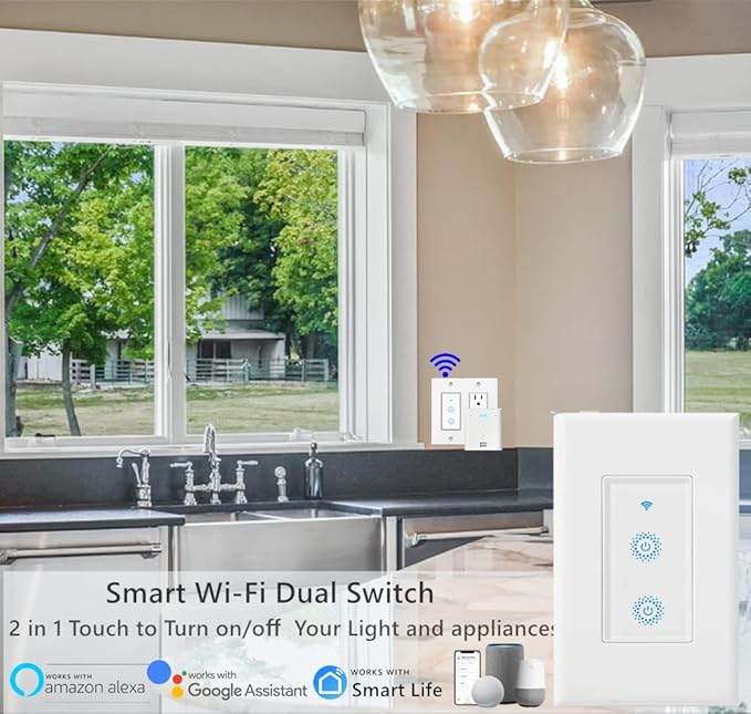 Nexete Smart Wi-Fi Double Light Switch, 2 in1 Single Pole Switch Compatible with Alexa Google Assistant & IFTTT,Remote Control, Timing Function No Hub Required (1-Pack Double)