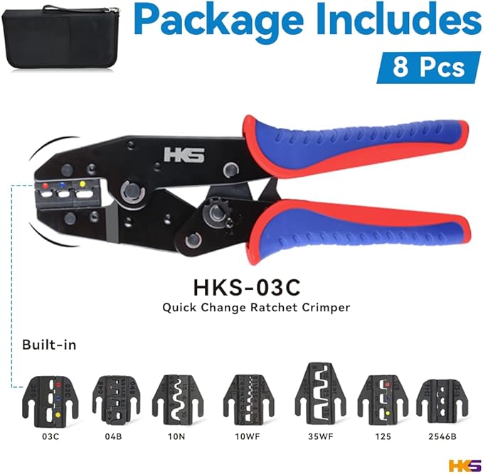HKS Ratcheting Crimping Tool Set 8 PCS - Quick Exchange Jaw for Heat Shrink Terminals, Non-Insulated, Open Barrel, Solar Conncetors, Insulated and Non-Insulated Ferrules AWG 20-2