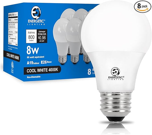 E ENERGETIC LIGHTING Light Bulbs 60 Watt Equivalent, A19 Cool White LED Light Bulbs, 15000 Hrs E26 Base, 8W-9W 760LM-800LM 4000K Light Bulb, ETL/UL Listed, Non-Dimmable, 8-Pack