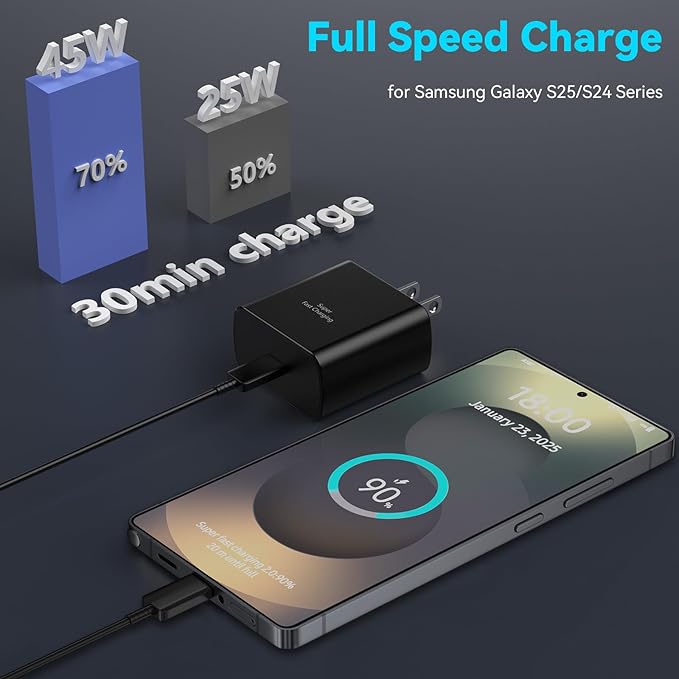 45W Super Fast Charger USB C Android Phone Type C Charger Fast Charging Block with 8FT C Charger Cord for Samsung Galaxy S25/S25 Ultra/S25+/S24 Ultra/S24/S24+/S23/S22/S21/S20/Note20/Note 10