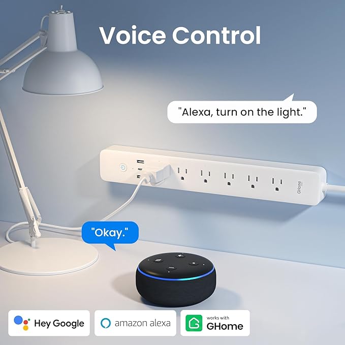 GHome Smart Plug Power Strip, WiFi Surge Protector with 6 Individually Controlled Smart Outlets, 3 USB Ports (2 USB-A and 1 USB-C), Works with Alexa & Google Home, Flat Plug for Home Office, 2.4Ghz