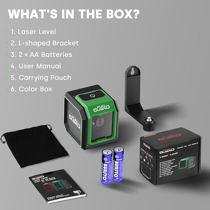 Green Laser Level with Self-leveling& Manual Mode Horizontal and Vertical Lazer Level with 360°Magnetic Bracket, 2xAA Batteries for Construction Home Decoration DIY etc.