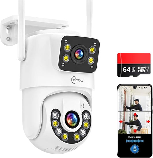 Dual Lens Linkage 8MP Pan/Tilt WiFi PTZ Security Camera Outdoor, Auto Tracking, Human Detection, Light Alarm, Color Night Vision,Siren, Plug-in Cable,2.4G WiFi,SD Card Slot with TF64G Card