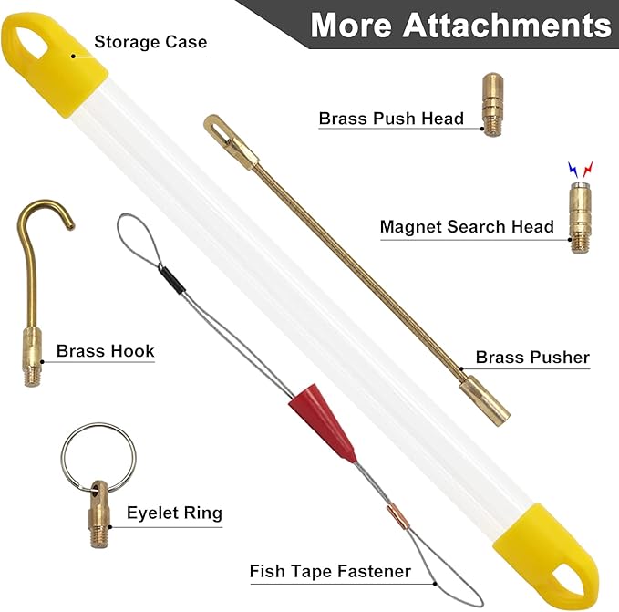 19' Fiberglass Running Electrical Wire Cable Pulling Fish Tape Kit with 5 Different Attachments and Fastener in a Carrying Case