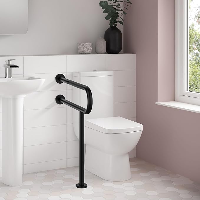 Toilet Grab Bar 31.3 Inch with Leg, YuanDe Matte Black Wall Mounted Safety Bar, Stainless Steel Anti-Slip Bathroom Support Rail for Elderly Disabled Pregnant