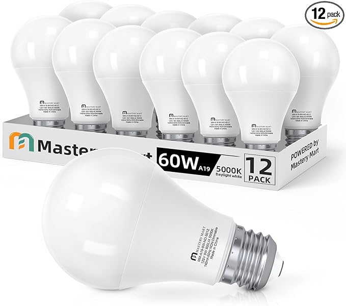 MASTERY MART A19 LED Bulbs 60 Watt Equivalent, 9W Non-Dimmable, Flicker-Free, 800 Lumens, Bright Daylight White 5000K, E26 Base, 10000 Hours, Energy Saving, Bright for Living Room, Bedroom, 12 Pack