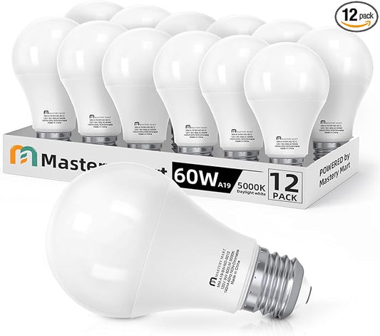 MASTERY MART A19 LED Bulbs 60 Watt Equivalent, 9W Non-Dimmable, Flicker-Free, 800 Lumens, Bright Daylight White 5000K, E26 Base, 10000 Hours, Energy Saving, Bright for Living Room, Bedroom, 12 Pack