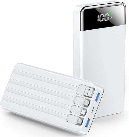 SABANI Portable Charger 35000mAh Power Bank - Portable Battery with 4 Built in Cables, 22.5W Fast Charging Battery Pack Compatible with iPhone 16 15 14 13 Samsung Android Phone etc (1 Pack, White)