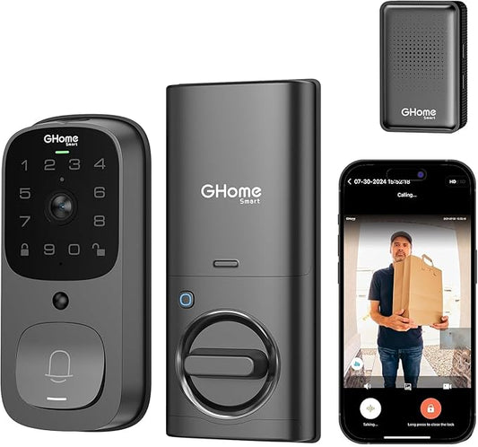 GHome Smart 3 in 1 Door Lock with Fingerprint,WiFi,Keyless Entry Smart Deadbolt, 2K HD Camera, 2.4GHz, App Remote Control, Smart Door Knob with Doorbell