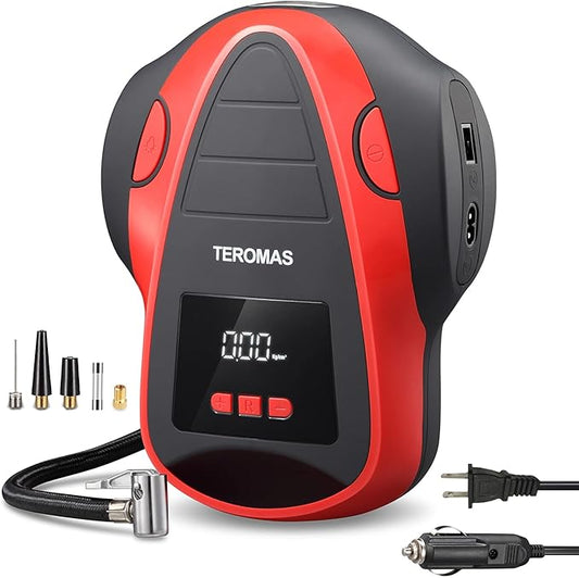 TEROMAS Tire Inflator Portable Air Compressor, Air Pump DC/AC for Car Tires 12V DC and Other Inflatables at Home 110V AC, Digital Electric Tire Pump with Pressure Gauge(Red)