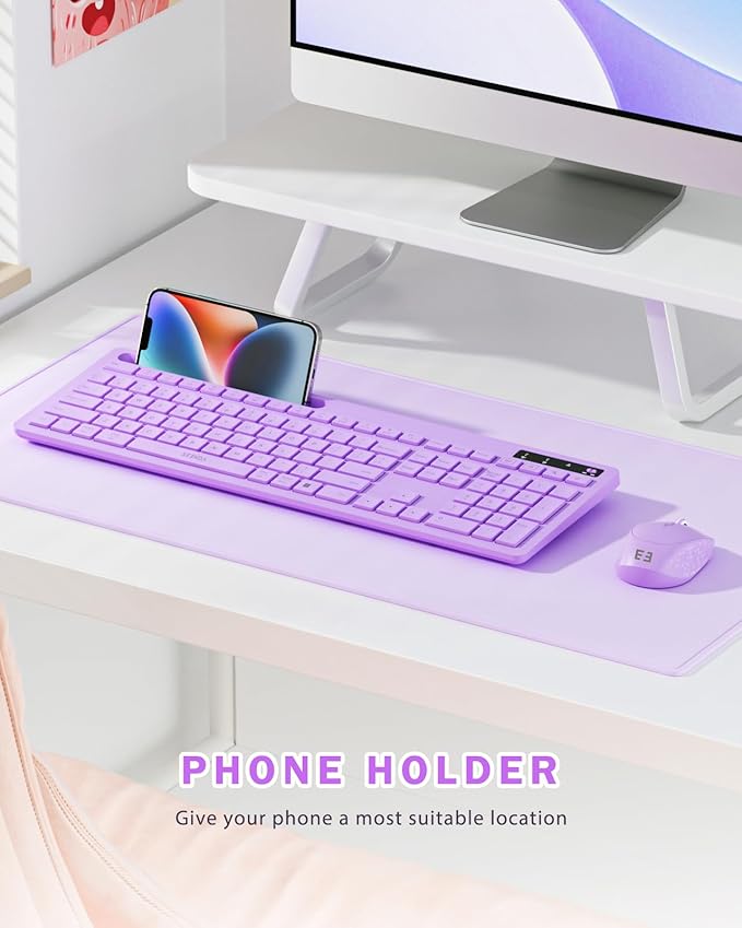 Wireless Keyboard and Mouse for MacBook, seenda Full-Size Purple Keyboard with Phone Holder, 2.4G USB A & Type C Receiver, Compatible for Mac, MacBook/Air/Pro Windows Computer/Desktop/Laptop
