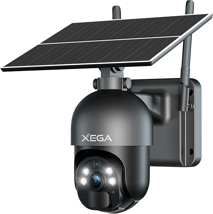 Xega 4G LTE Cellular Security Camera Outdoor Solar Camera Wireless Built-in SIM Card, 2K HD Color Night Vision PTZ 360° View, Smart PIR Motion Detection, 2-Way Talk, No WiFi, IP66